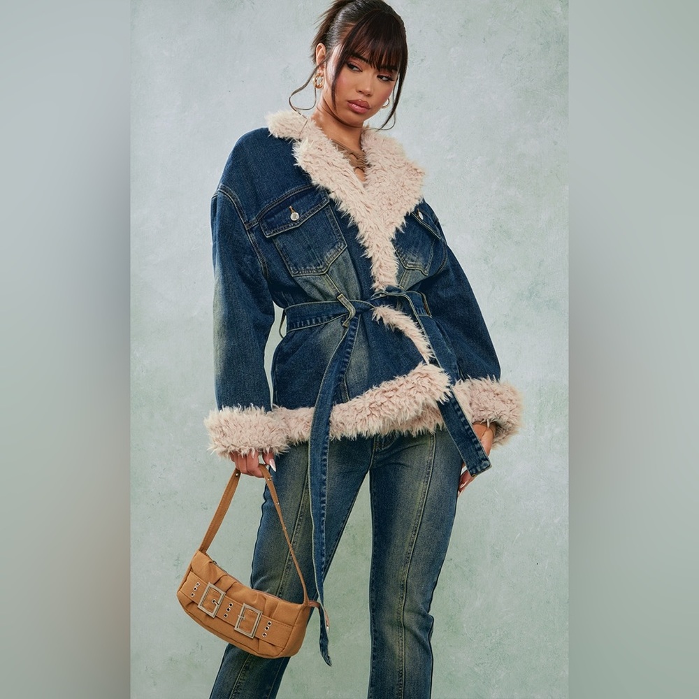 Prettylittlething PLT Vintage Wash Borg Contrast Tie Waist Denim Jacket 10